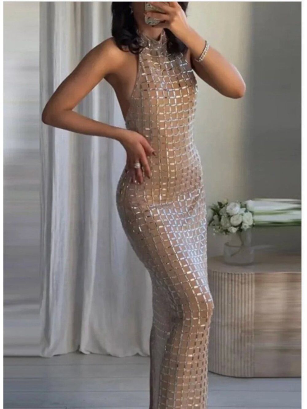 Zara Womens Rhinestone Mesh Maxi Dress Small Beige Embellished 4772/264 NWT